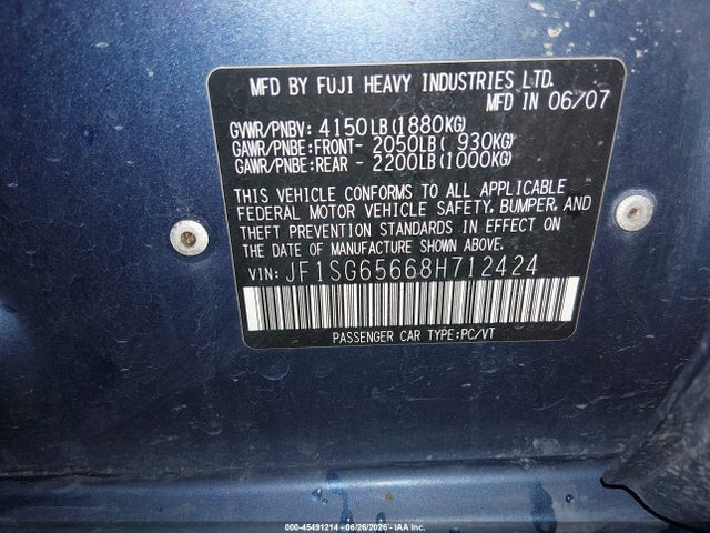 45491214 :رقم المزاد ، JF1SG65668H712424 vin ، 2008 Subaru Forester 2.5x مزاد بيع