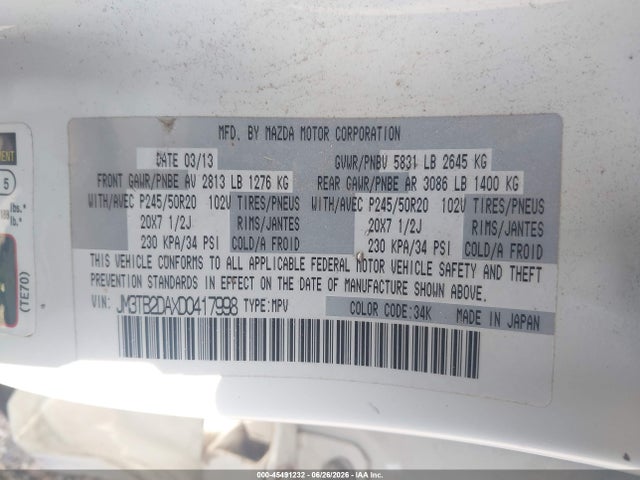Aukcja sprzedaży 2013 Mazda Cx-9 Grand Touring, vin: JM3TB2DAXD0417998, numer aukcji: 45491232