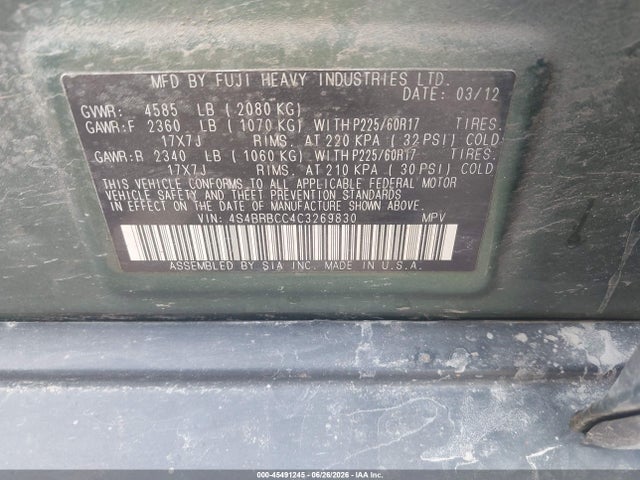 Aukcja sprzedaży 2012 Subaru Outback 2.5i Premium, vin: 4S4BRBCC4C3269830, numer aukcji: 45491245