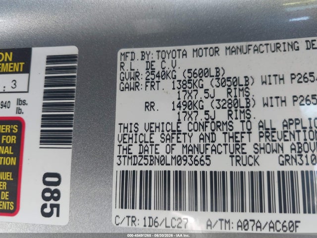 Aukcja sprzedaży 2020 Toyota Tacoma Trd Sport, vin: 3TMDZ5BN0LM093665, numer aukcji: 45491265