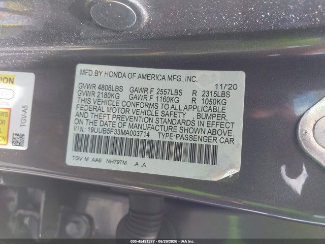 Продаж на аукціоні авто 2021 Acura Tlx Standard, vin: 19UUB5F33MA003714, номер лоту: 45491277