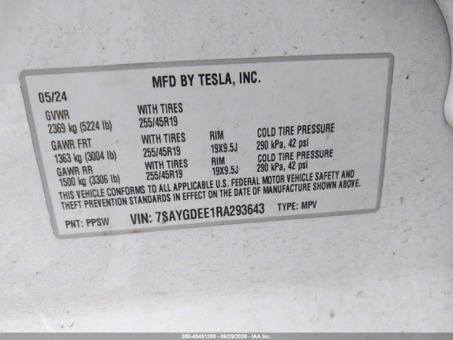 45491280 :رقم المزاد ، 7SAYGDEE1RA293643 vin ، 2024 Tesla Model Y Long Range Dual Motor All-wheel Drive مزاد بيع