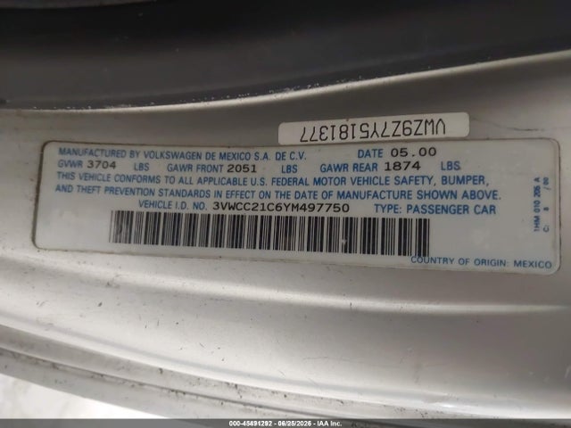 Aukcja sprzedaży 2000 Volkswagen New Beetle Gls, vin: 3VWCC21C6YM497750, numer aukcji: 45491292