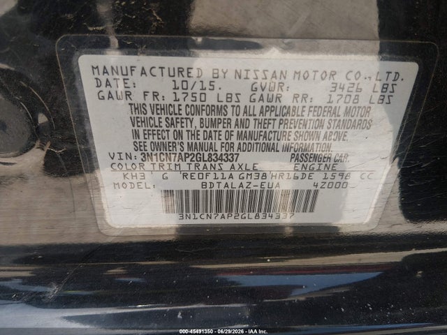2016 Nissan Versa 1.6 S+ მანქანა იყიდება აუქციონზე, vin: 3N1CN7AP2GL834337, აუქციონის ნომერი: 45491350