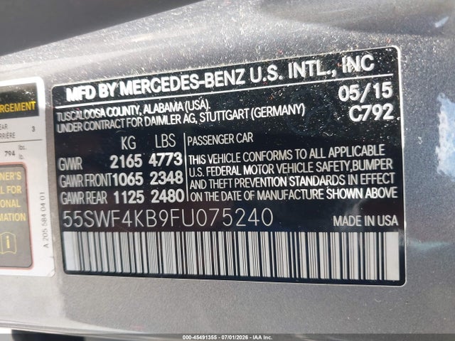 45491355 :رقم المزاد ، 55SWF4KB9FU075240 vin ، 2015 Mercedes-benz C 300 4matic مزاد بيع