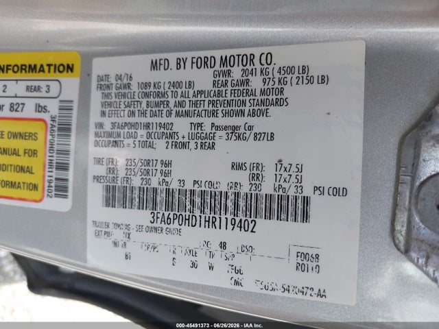 Ford FUSION SE 2017 3FA6P0HD1HR119402 Image 9