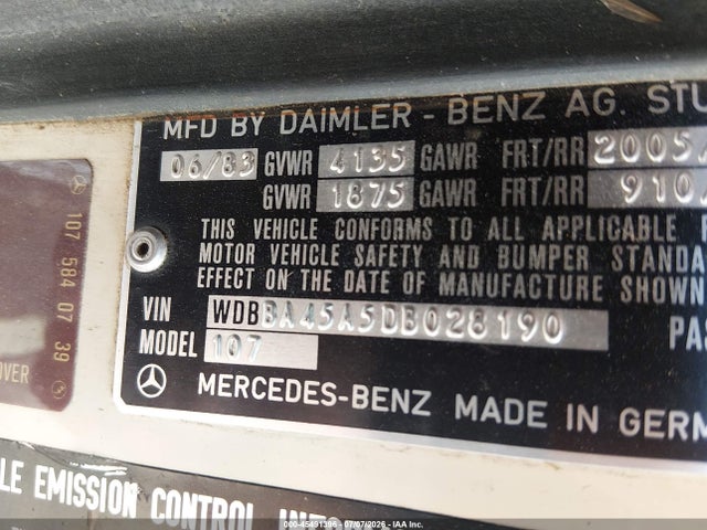 45491396 :رقم المزاد ، WDBBA45A5DB028190 vin ، 1983 Mercedes-benz 380 Sl مزاد بيع