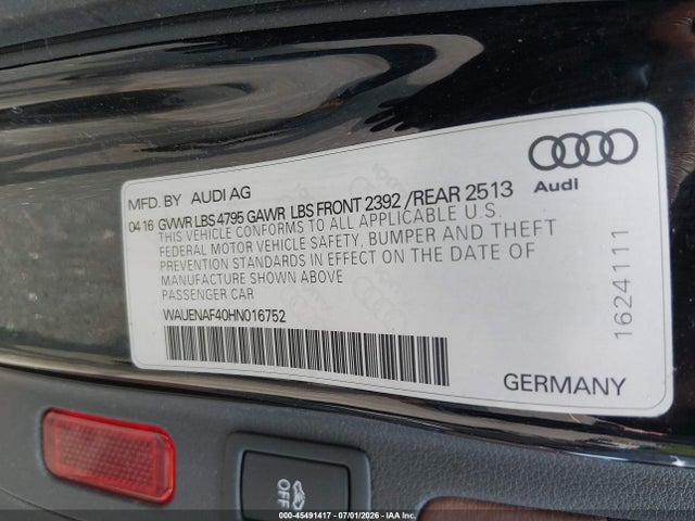 Продаж на аукціоні авто 2017 Audi A4 Premium Plus, vin: WAUENAF40HN016752, номер лоту: 45491417