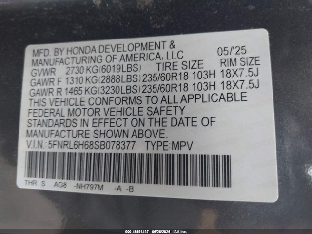Honda Odyssey Ex-l 2025 5FNRL6H68SB078377 Image 9