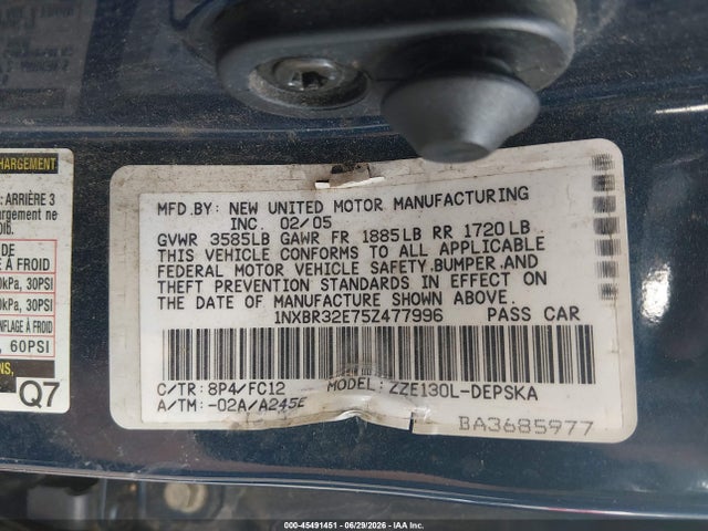 Aukcja sprzedaży 2005 Toyota Corolla S, vin: 1NXBR32E75Z477996, numer aukcji: 45491451