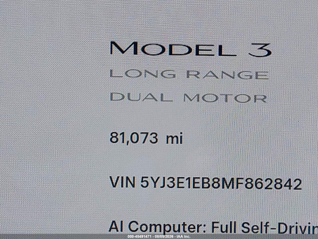 Продажа на аукционе авто 2021 Tesla Model 3 Long Range Dual Motor All-wheel Drive, vin: 5YJ3E1EB8MF862842, номер лота: 45491471