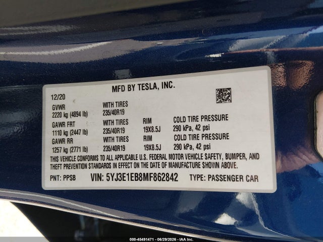 Продажа на аукционе авто 2021 Tesla Model 3 Long Range Dual Motor All-wheel Drive, vin: 5YJ3E1EB8MF862842, номер лота: 45491471