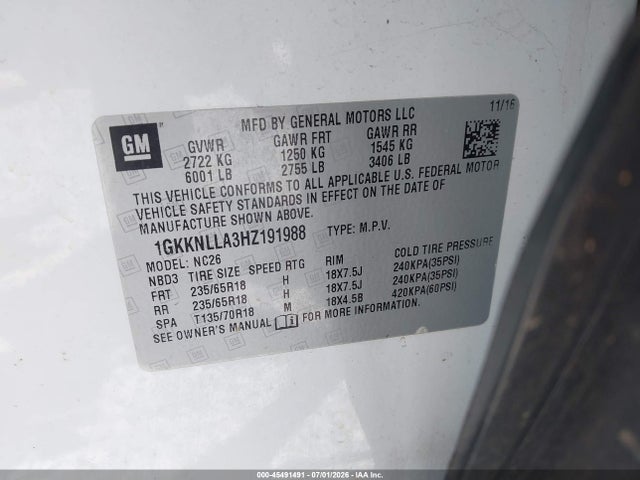 Продажа на аукционе авто 2017 Gmc Acadia Sle-2, vin: 1GKKNLLA3HZ191988, номер лота: 45491491
