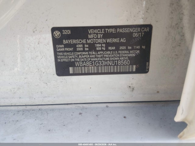 Продаж на аукціоні авто 2017 Bmw 320i, vin: WBA8E1G33HNU18560, номер лоту: 45491493