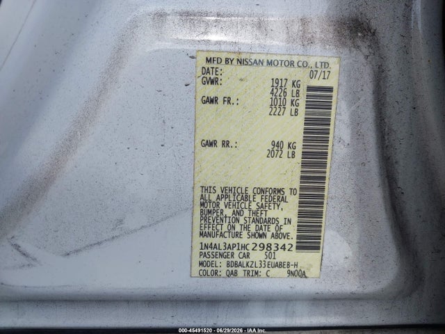 2017 Nissan Altima 2.5 Sv მანქანა იყიდება აუქციონზე, vin: 1N4AL3AP1HC298342, აუქციონის ნომერი: 45491520