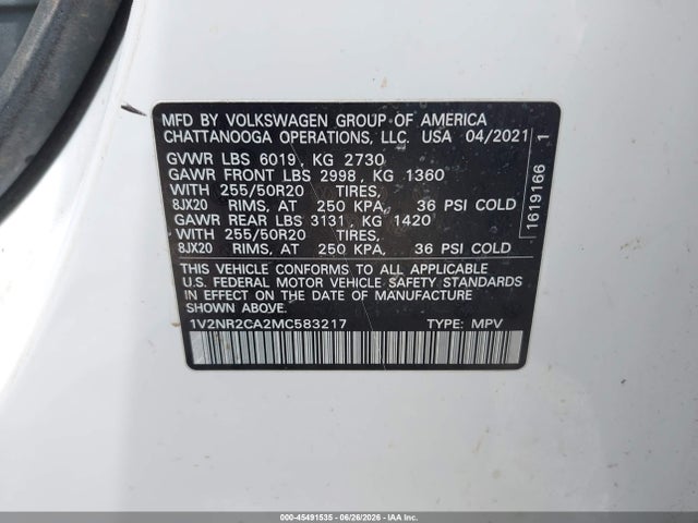 Продажа на аукционе авто 2021 Volkswagen Atlas 3.6l V6 Se W/technology R-line, vin: 1V2NR2CA2MC583217, номер лота: 45491535
