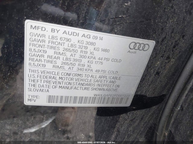 Продаж на аукціоні авто 2015 Audi Q7 3.0t Premium, vin: WA1LGAFE2FD007223, номер лоту: 45491548