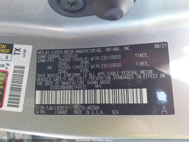 Продажа на аукционе авто 2021 Toyota Highlander Limited, vin: 5TDDZRBH6MS146632, номер лота: 45491550