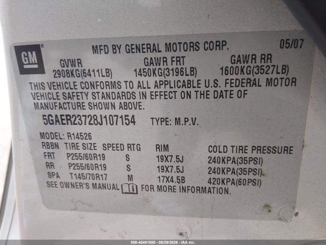 45491580 :رقم المزاد ، 5GAER23728J107154 vin ، 2008 Buick Enclave Cxl مزاد بيع