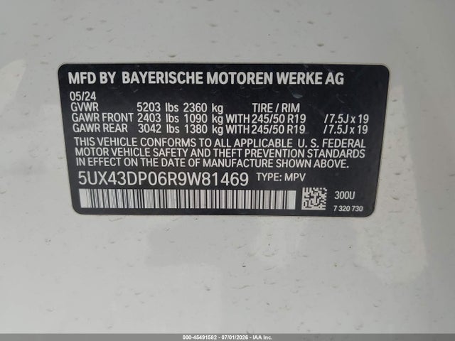 45491582 :رقم المزاد ، 5UX43DP06R9W81469 vin ، 2024 Bmw X3 Sdrive30i مزاد بيع