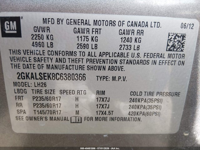 Aukcja sprzedaży 2012 Gmc Terrain Sle-2, vin: 2GKALSEK8C6380366, numer aukcji: 45491586