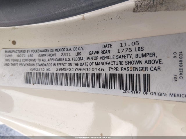Продаж на аукціоні авто 2006 Volkswagen New Beetle 2.5/2.5 (a6), vin: 3VWSF31Y96M310146, номер лоту: 45491599