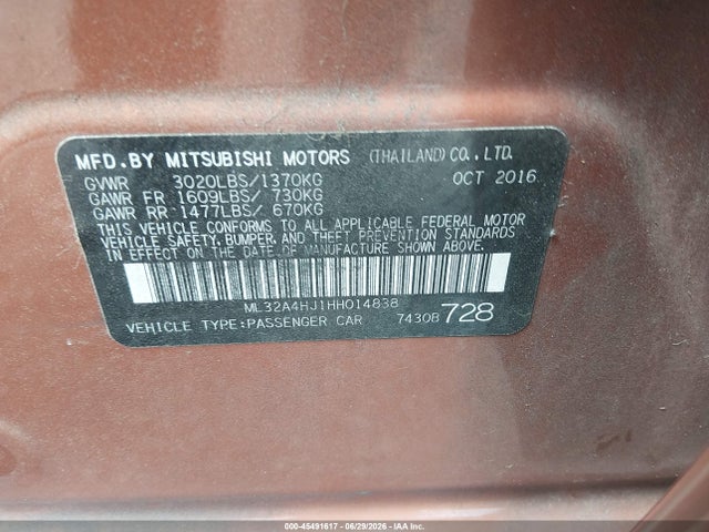 2017 Mitsubishi Mirage Se მანქანა იყიდება აუქციონზე, vin: ML32A4HJ1HH014838, აუქციონის ნომერი: 45491617
