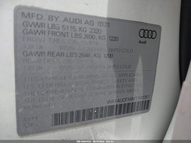 2021 Audi Q3 Premium 40 Tfsi Quattro Tiptronic მანქანა იყიდება აუქციონზე, vin: WA1AUCF34M1100351, აუქციონის ნომერი: 45491622
