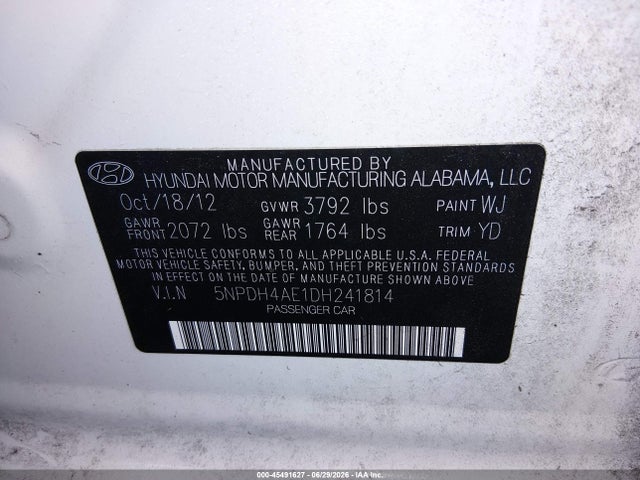 Продаж на аукціоні авто 2013 Hyundai Elantra Gls, vin: 5NPDH4AE1DH241814, номер лоту: 45491627