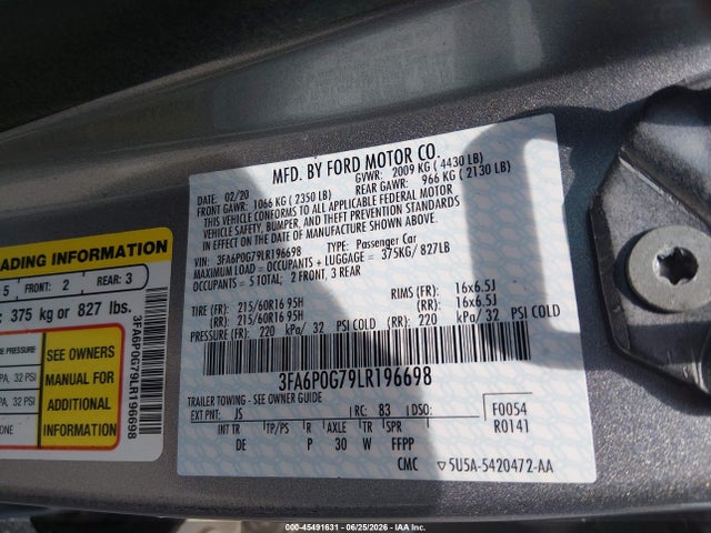 Ford FUSION S 2020 3FA6P0G79LR196698 Image 9