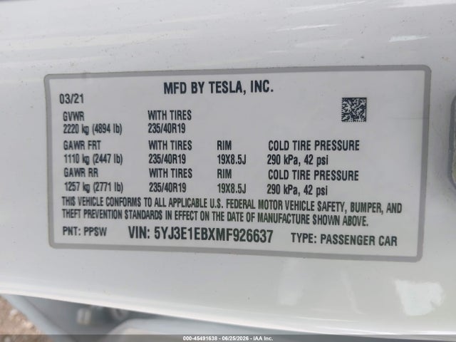45491638 :رقم المزاد ، 5YJ3E1EBXMF926637 vin ، 2021 Tesla Model 3 Long Range Dual Motor All-wheel Drive مزاد بيع