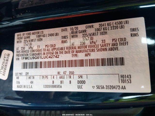 Продаж на аукціоні авто 2020 Ford Escape Se, vin: 1FMCU9G61LUC42742, номер лоту: 45491642