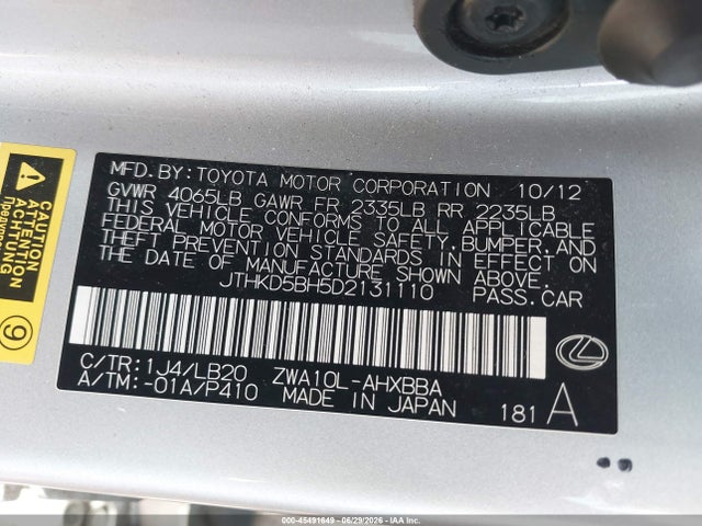 45491649 :رقم المزاد ، JTHKD5BH5D2131110 vin ، 2013 Lexus Ct 200h مزاد بيع