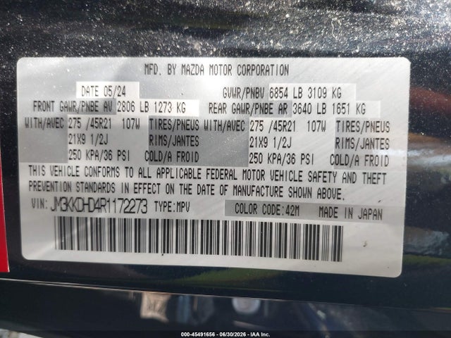 45491656 :رقم المزاد ، JM3KKDHD4R1172273 vin ، 2024 Mazda Cx-90 3.3 Turbo Premium مزاد بيع