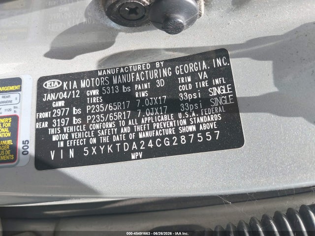 Продажа на аукционе авто 2012 Kia Sorento Lx V6, vin: 5XYKTDA24CG287557, номер лота: 45491663