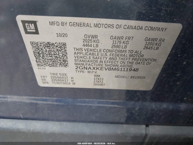 Aukcja sprzedaży 2021 Chevrolet Equinox Fwd Lt, vin: 2GNAXKEV8M6111948, numer aukcji: 45491684