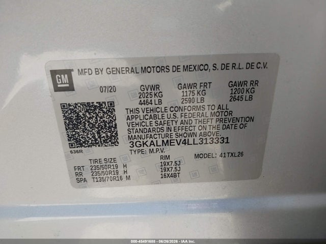 Aukcja sprzedaży 2020 Gmc Terrain Fwd Sle, vin: 3GKALMEV4LL313331, numer aukcji: 45491688