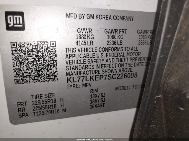 45491694 :رقم المزاد ، KL77LKEP7SC226008 vin ، 2025 Chevrolet Trax Fwd Activ مزاد بيع