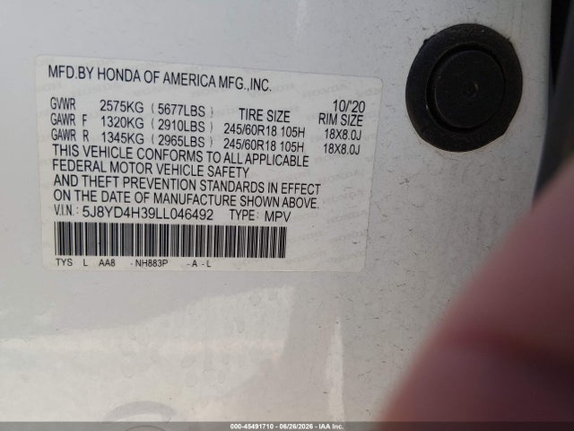 Продаж на аукціоні авто 2020 Acura Mdx Standard, vin: 5J8YD4H39LL046492, номер лоту: 45491710