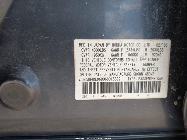 2006 Acura Tsx მანქანა იყიდება აუქციონზე, vin: JH4CL96806C015822, აუქციონის ნომერი: 45491711