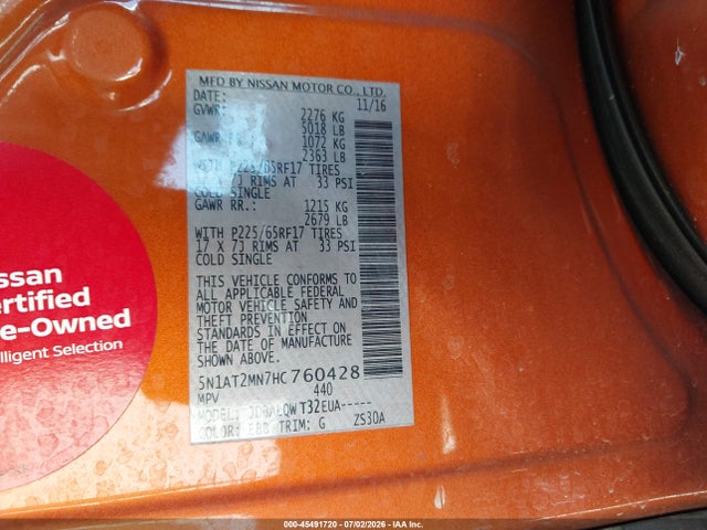 Nissan ROGUE SV 2017 5N1AT2MN7HC760428 Image 9