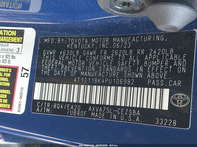 45491734 :رقم المزاد ، 4T1T11BK4PU106982 vin ، 2023 Toyota Camry Se Awd مزاد بيع