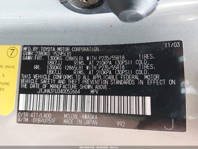 Aukcja sprzedaży 2004 Lexus Rx 330, vin: JTJHA31U340052664, numer aukcji: 45491762