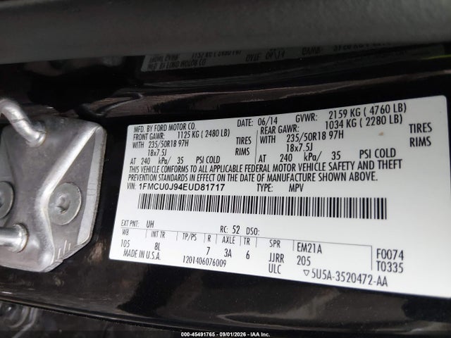 2014 Ford Escape Titanium მანქანა იყიდება აუქციონზე, vin: 1FMCU0J94EUD81717, აუქციონის ნომერი: 45491765