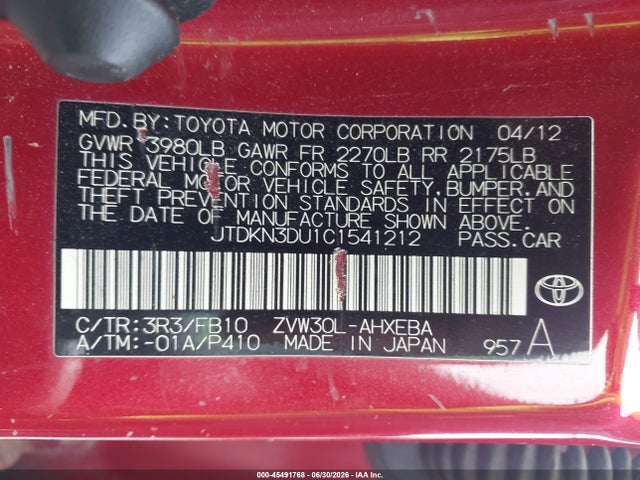Aukcja sprzedaży 2012 Toyota Prius Two, vin: JTDKN3DU1C1541212, numer aukcji: 45491768