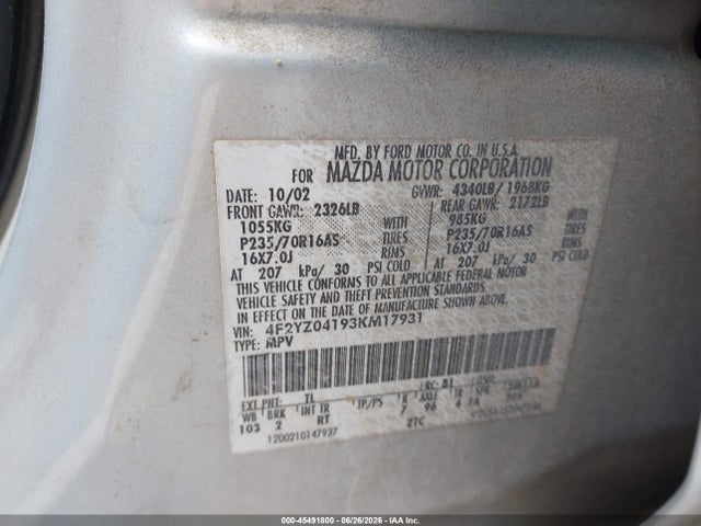 2003 Mazda Tribute Lx V6 მანქანა იყიდება აუქციონზე, vin: 4F2YZ04193KM17931, აუქციონის ნომერი: 45491800