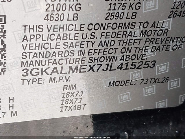 2018 Gmc Terrain Sle მანქანა იყიდება აუქციონზე, vin: 3GKALMEX7JL415253, აუქციონის ნომერი: 45491824
