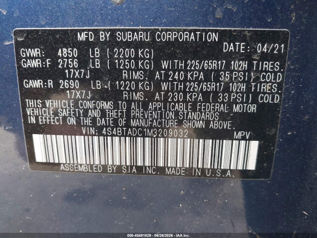 Aukcja sprzedaży 2021 Subaru Outback Premium, vin: 4S4BTADC1M3209032, numer aukcji: 45491829