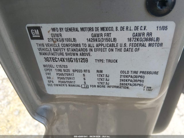 45491841 :رقم المزاد ، 3GTEC14X16G161259 vin ، 2006 Gmc Sierra 1500 Work Truck مزاد بيع