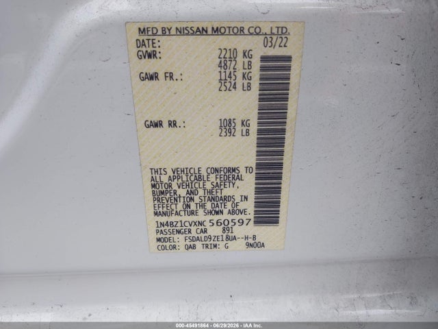 Продаж на аукціоні авто 2022 Nissan Leaf Sv Plus 62 Kwh, vin: 1N4BZ1CVXNC560597, номер лоту: 45491864